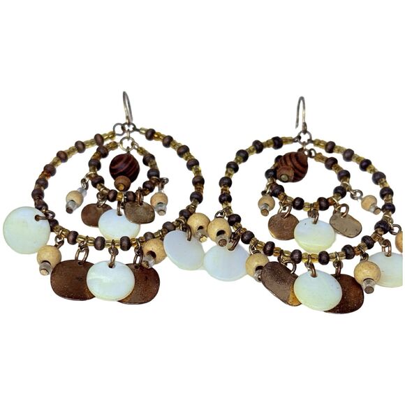 Native Style Beaded Dreamcatcher Hoop Earrings Gold Tone Large Shell , 3.5" - Picture 7 of 9
